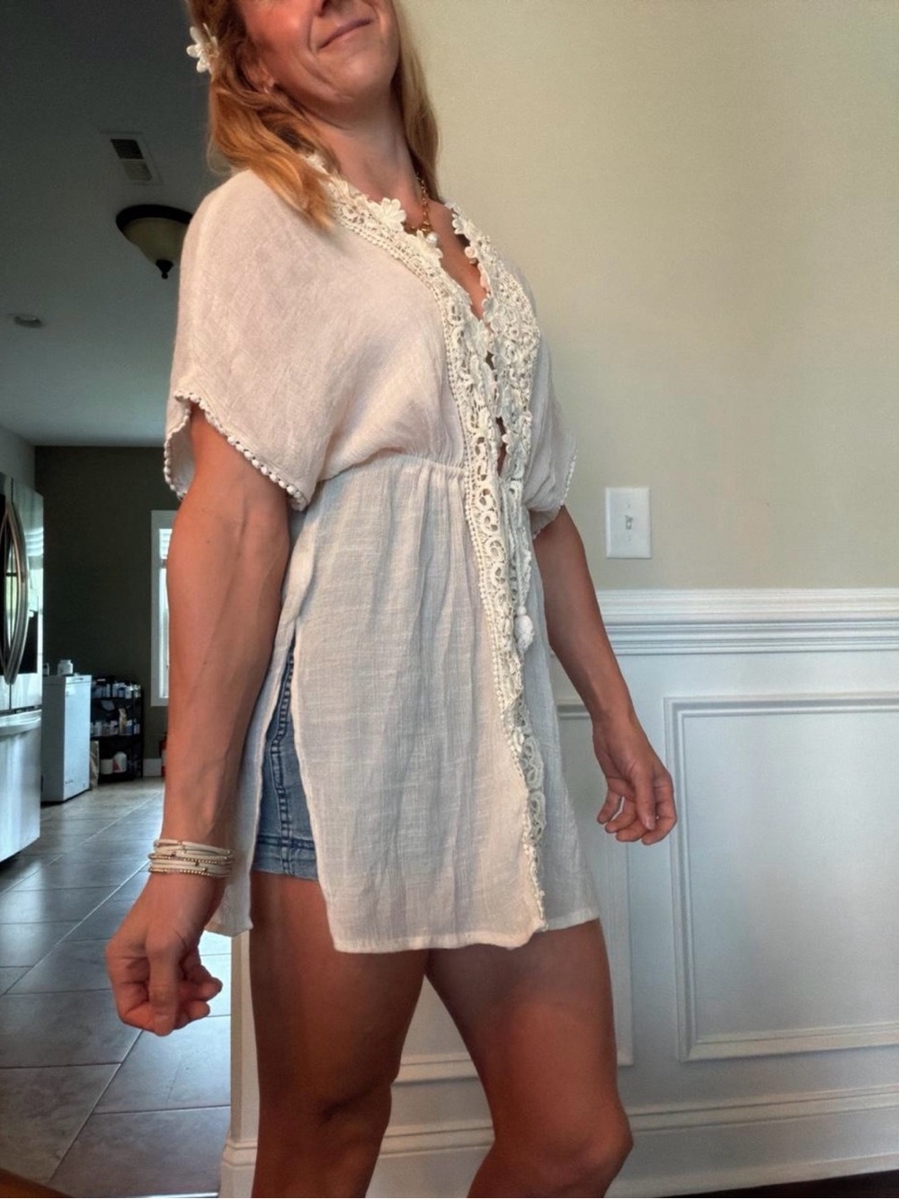 Umgee Cream Crochet-Trim Boho Tunic Top festival. Cottage. butter mom. Coastal